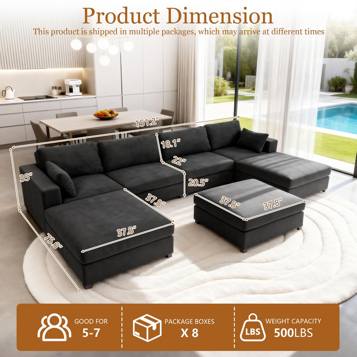 152''Oversized Deep Seat Modular Sectional Sofa, Gray L Shaped Cloud Couch