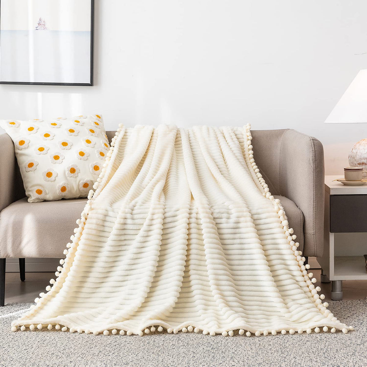 Fleece Blanket - 90x90, Beige - Soft, Plush, Fluffy, Fuzzy, Warm, Cozy - Perfect Throw for Couch, Bed