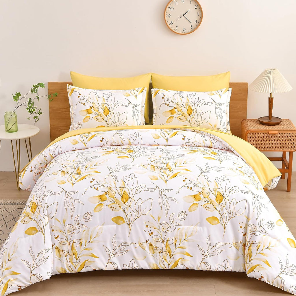 Yellow Botanical Comforter Set Queen, 7 Pieces Floral Bed in a Bag with Golden Leaves