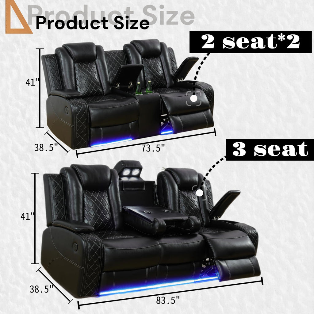 Leather Power Reclining Sectional Sofa with LED Lights