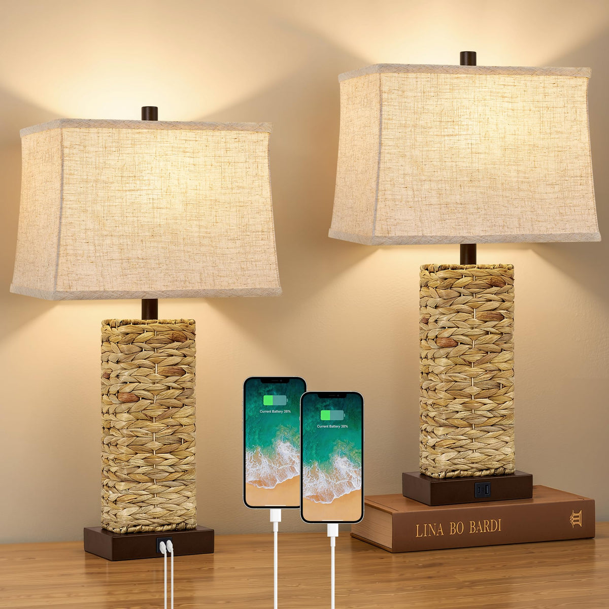 Rattan Table Lamps Set of 2, Bedside Lamps Nightstand