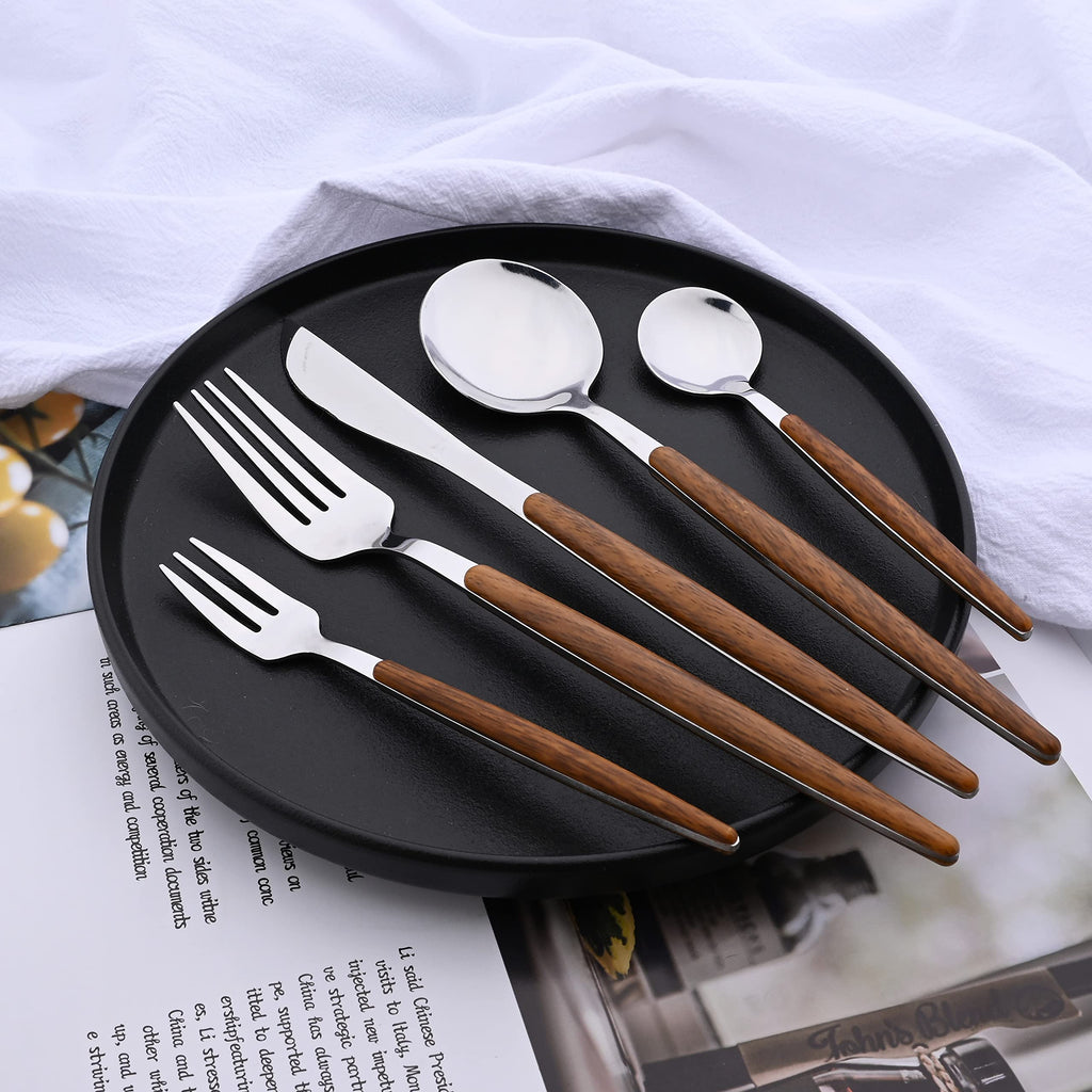 Stainless Steel Silverware Set Wooden Effect Handle Flatware