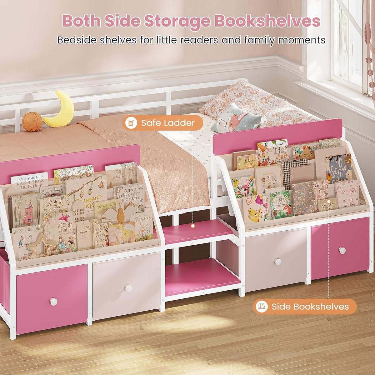 Montessori Kids Floor Bed with Guardrails & 6 Storage Drawers, Pink