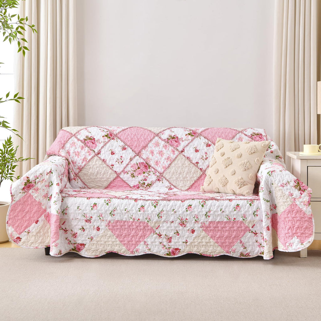 Pink Quilt Bedding Set, Floral Patchwork Reversible Quilts
