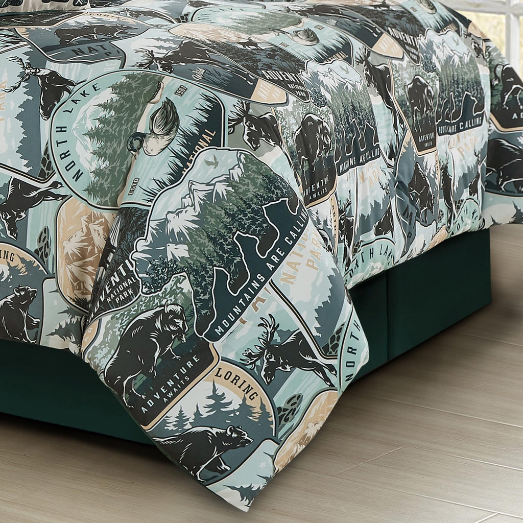 Tahoe 7-Piece North Lake Motif Comforter Set - Multicolor Blue Green Brown Black Printed Washed Cabin Lodge