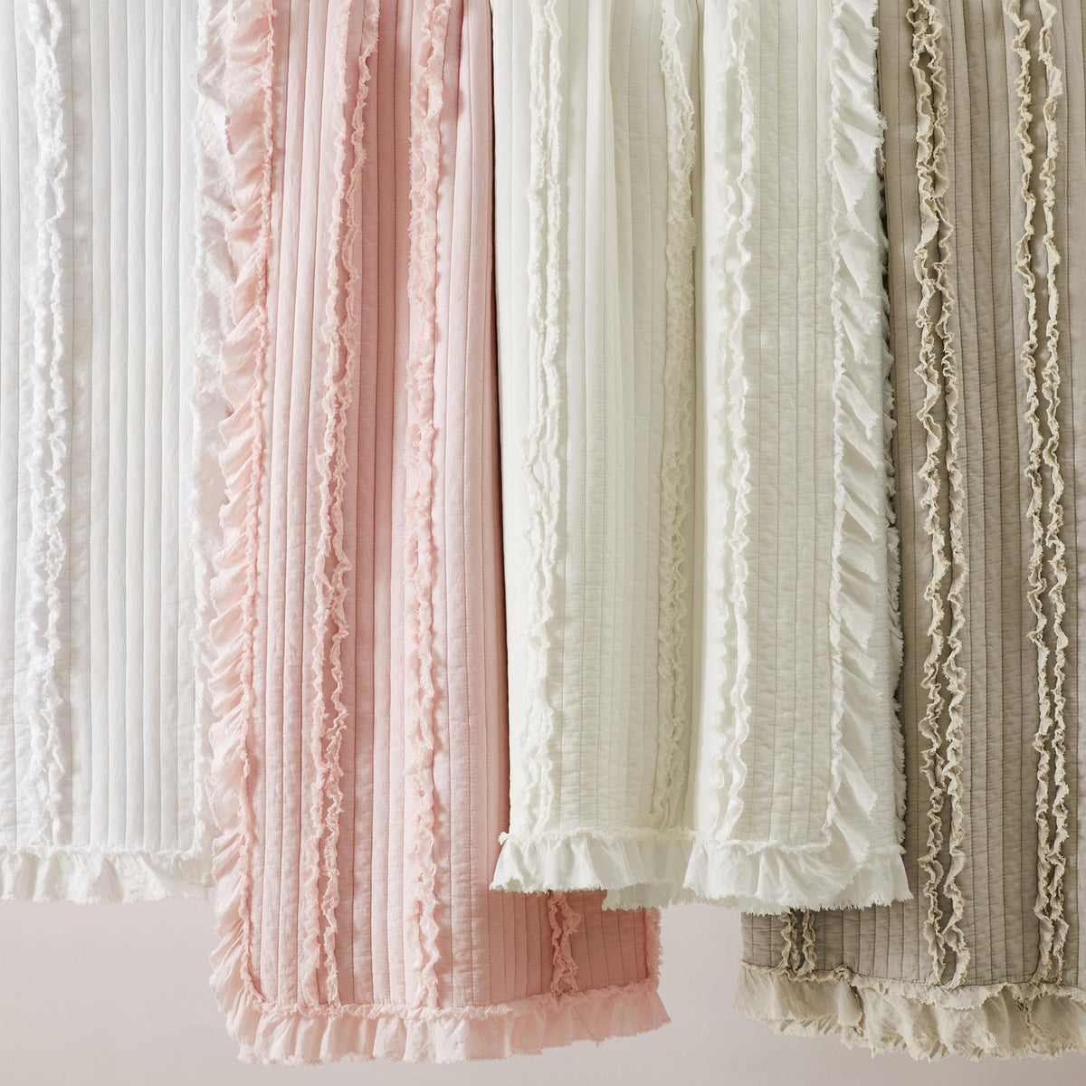 Ultra Soft Ruffle Fringed Quilt, Shabby Chic Rustic Pink Bedding Set, Stone Washed Boho Decorative Quilt