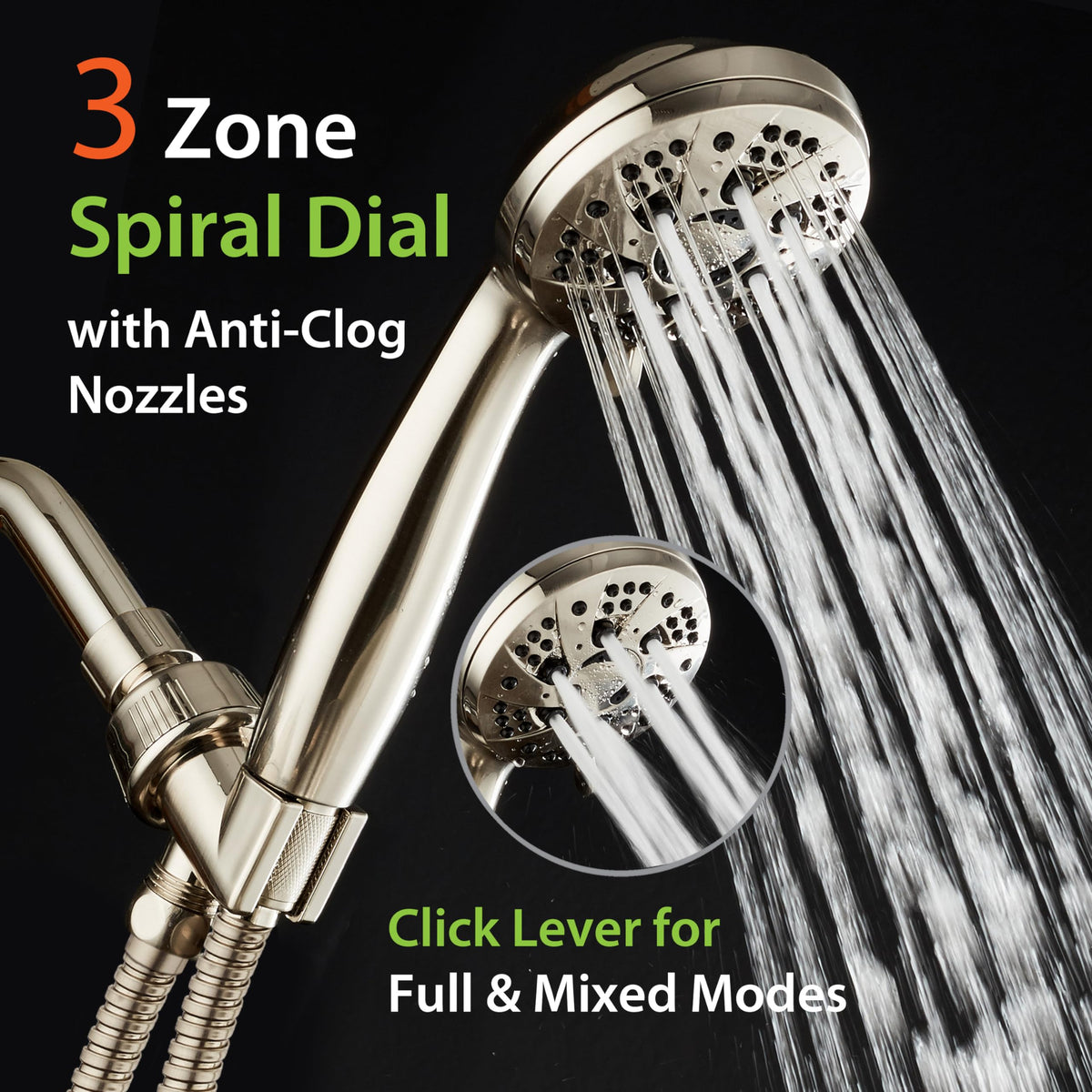 High Pressure 6-Setting Full Brushed Nickel Handheld Shower Head with Stainless Steel Hose. Officially Independently