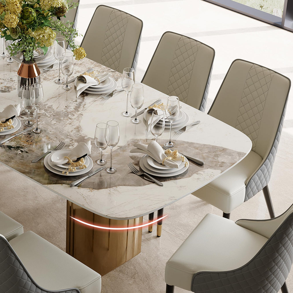 Rectangular Dining Table for 8-10 People, 79 inch Luxury Kitchen Table with Sintered Stone Tabletop and Gold Metal
