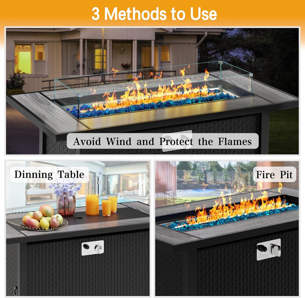 45in Fire Table, Propane Fire Pit with Glass Wind Guard and Rain Cover, Outdoor Firepit Table 50000 BTU 3-in-1 Fire Table for Patio/Yard/Balcony