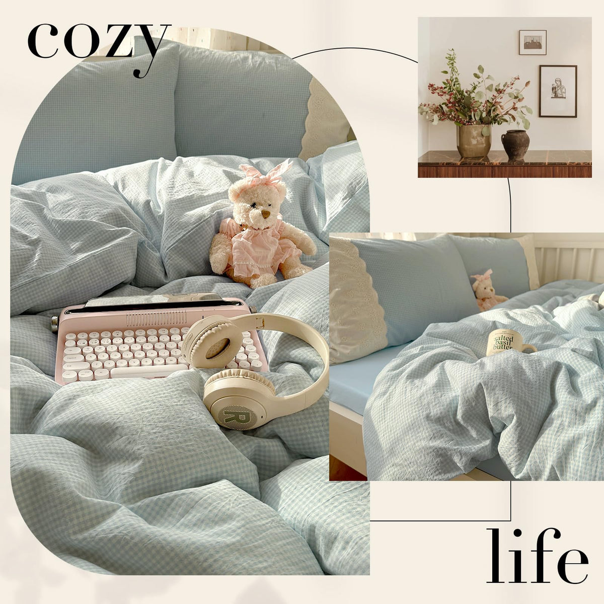 Lace Comforter Set Blue Plaid Gingham Comforter with 2 Romantic Lace Pillowcases Soft Cozy Grid Bedding Set