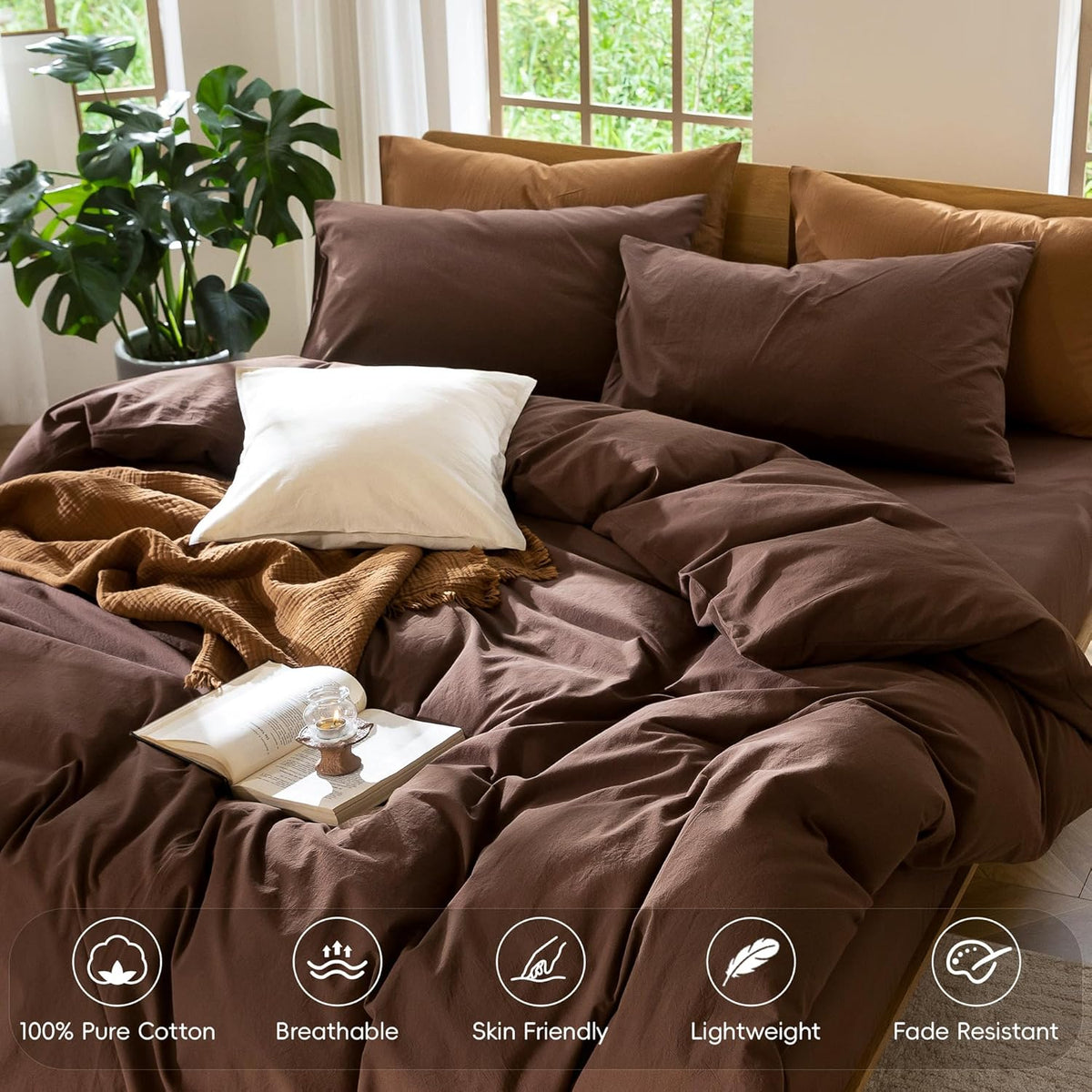 Bedding Duvet Cover Set 100% Washed Cotton Linen Like Textured Breathable Durable Soft Comfy (Solid Cocoa Brown