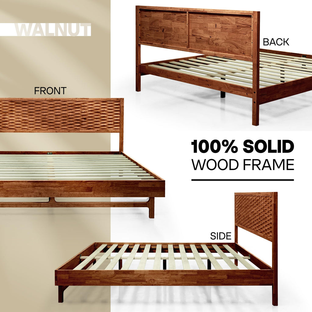 Acacia Elara Wood Bed Frame with CNC-Carved Headboard, Queen Size, Walnut