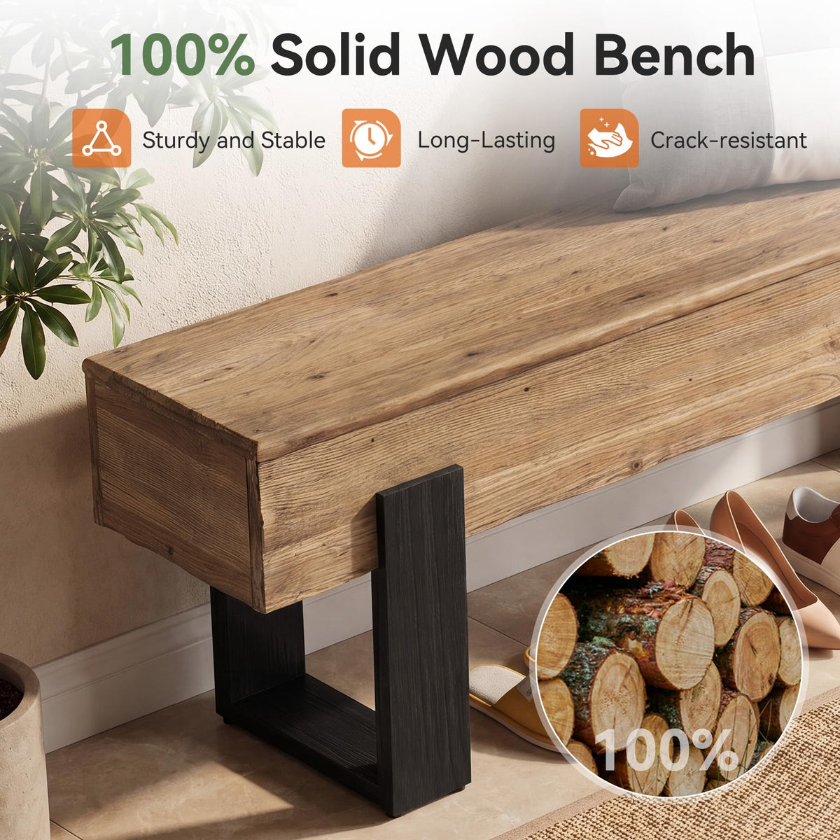 63-Inch Solid Wood Entryway Bench, Farmhouse Indoor Shoe Bench with Thickened Legs, Heavy Duty Wooden End of Bed