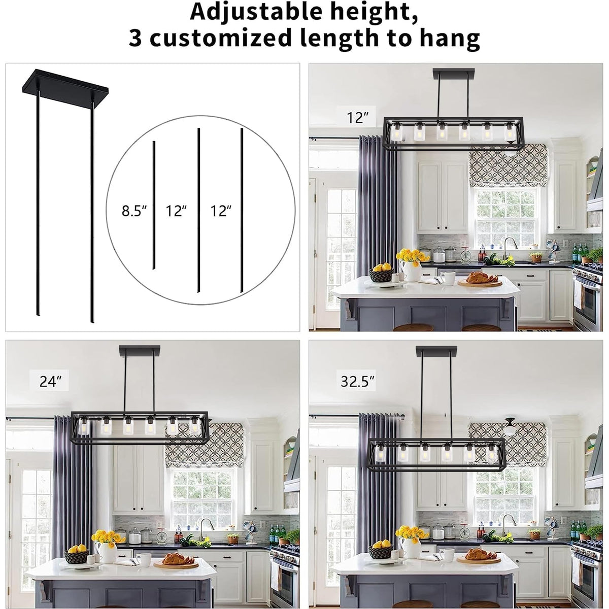 Farmhouse Dining Room Light Fixture - 6 Light Kitchen Island Lighting with Adjustable Height & Thickened Metal Dining