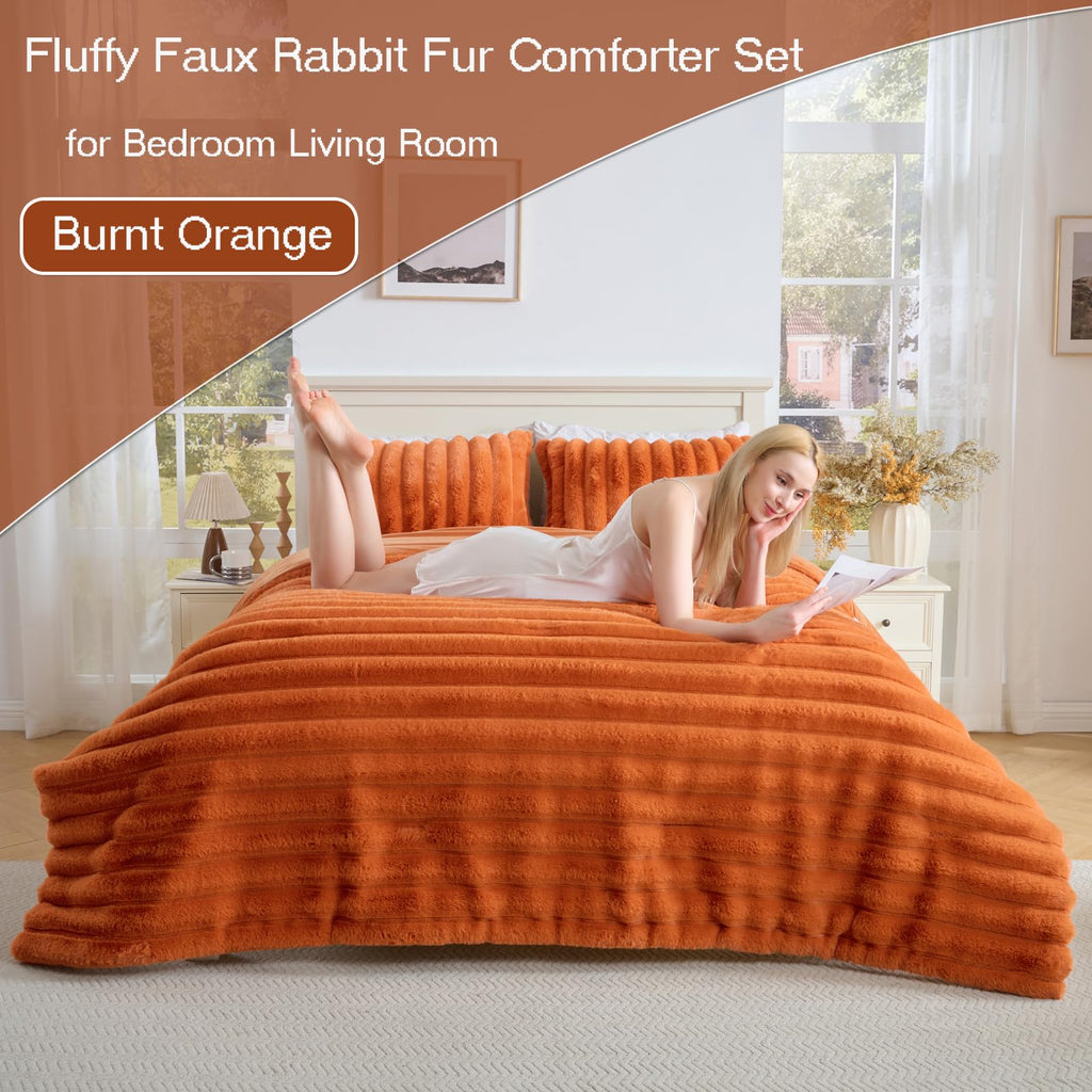 3 Pieces Fluffy Faux Rabbit Fur Comforter Set, Plush Fuzzy Bedding Set, Stripes Design Warm Soft Comforter