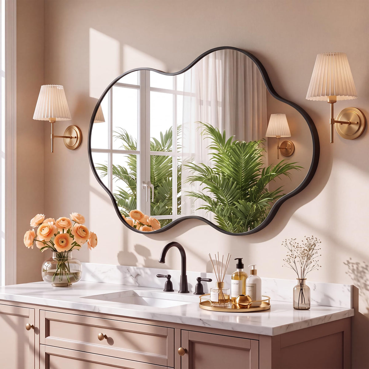 36''x22'' Asymmetrical Mirror with Wood Frame, Small Irregular Wavy Wall Mirror, Odd Shaped Mid Century Modern Mirror