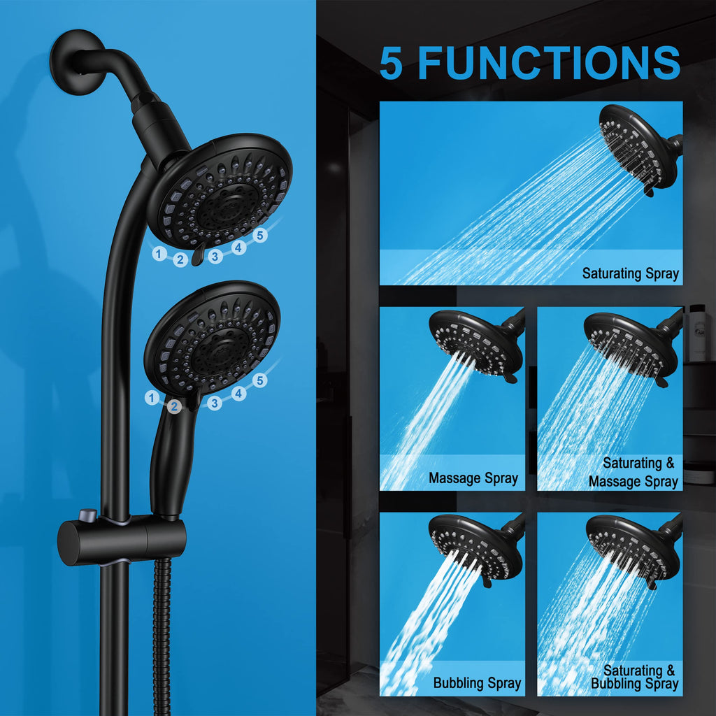 Handheld Showerhead & Rain Shower Combo for Easy Reach, 27.5" Drill-free Stainless Steel Slide Bar, 5"of 5-setting