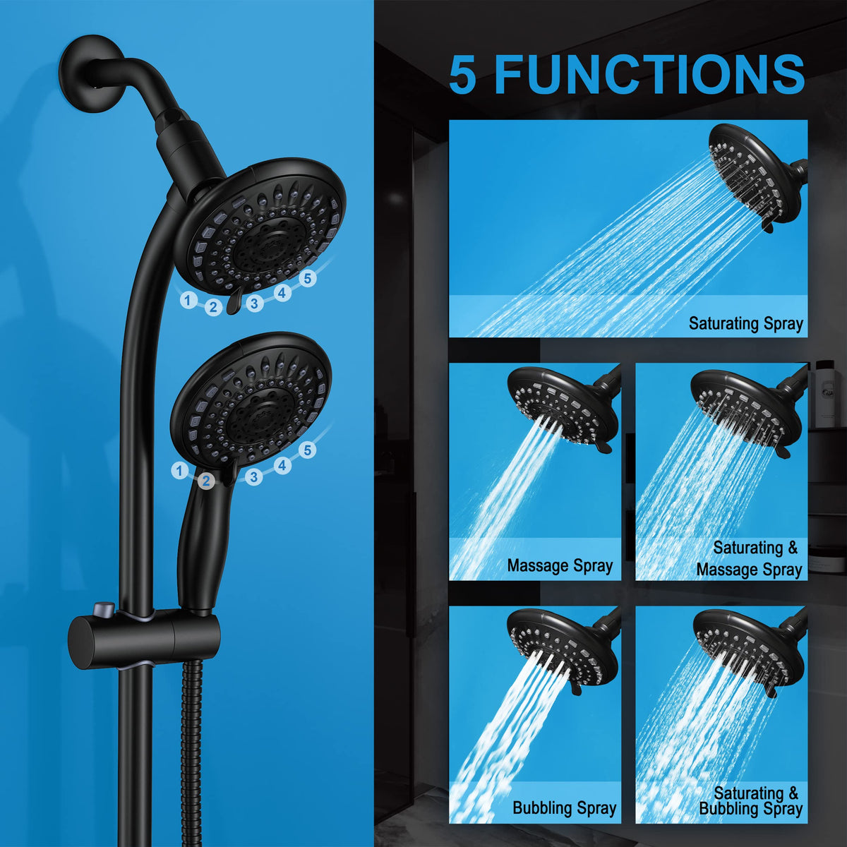 Handheld Showerhead & Rain Shower Combo for Easy Reach, 27.5" Drill-free Stainless Steel Slide Bar, 5"of 5-setting