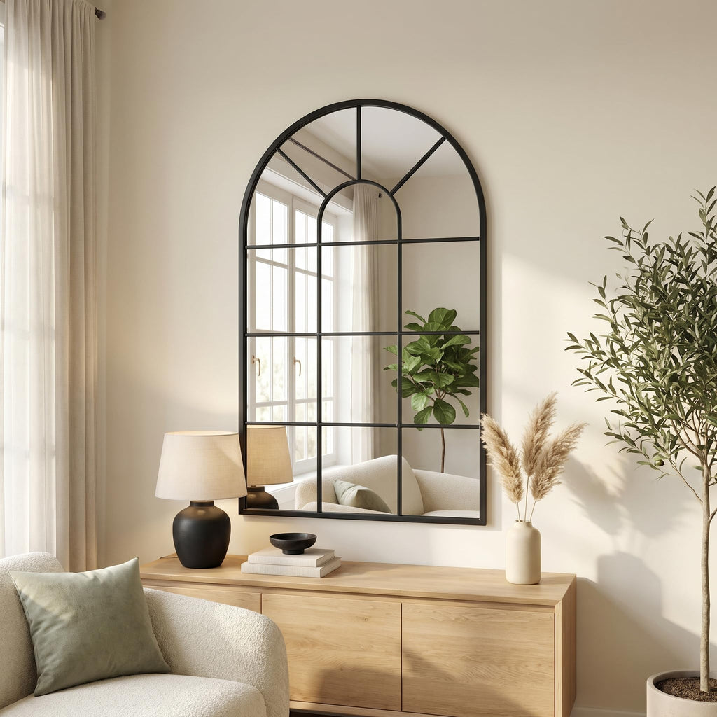48x28Inch Arched Window Pane Mirror| Black Arched Mirrors for Wall & Floor | Arch Mirror Full Length Living Room &