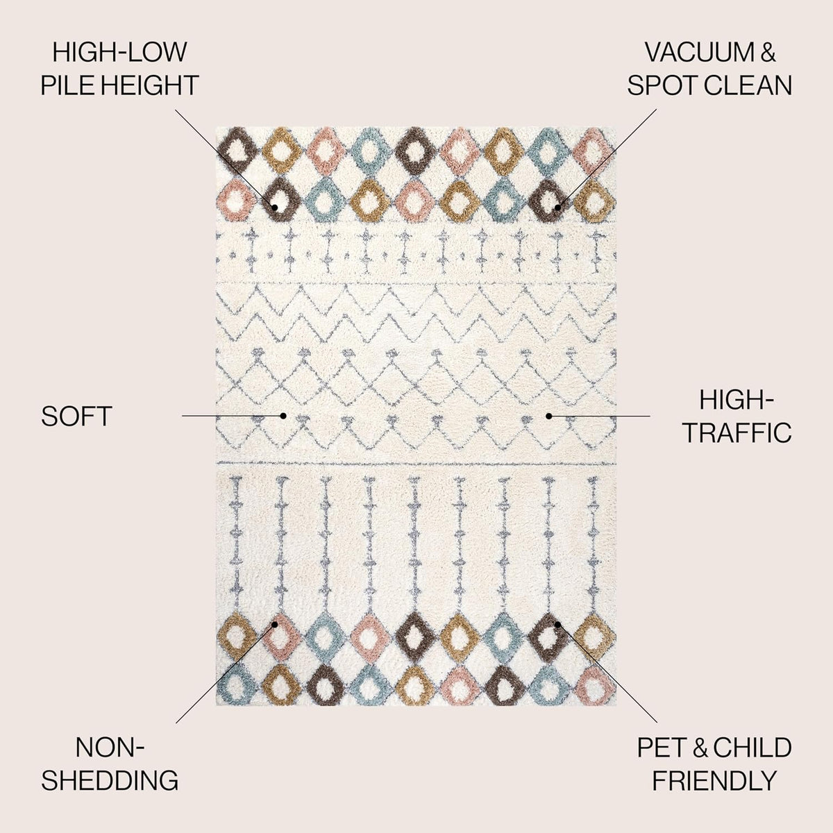 Trellis Plush Carved Multi/Cream Indoor Area Rug 4X6 ft, Pia Moroccan High-Low, Easy-Cleaning, High Traffic