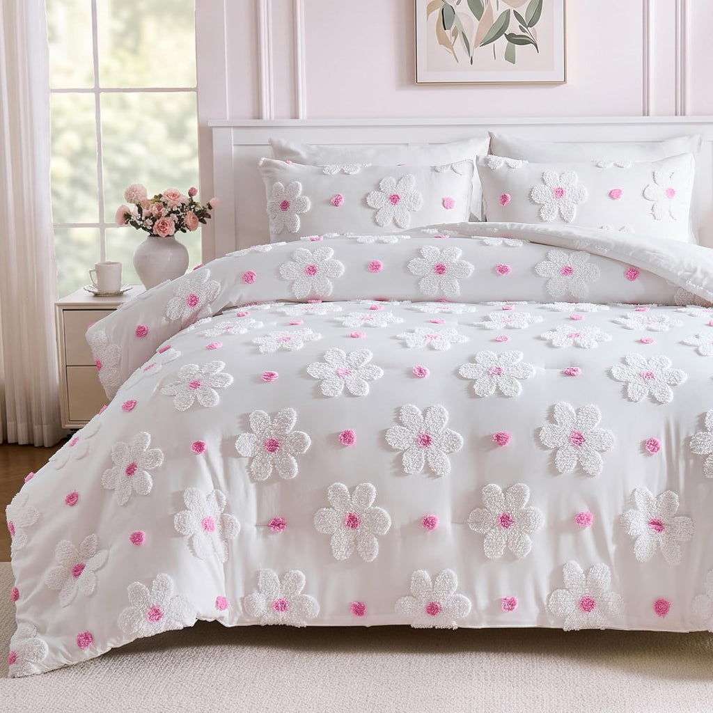 Comforter Set for Girls Pink Tufted Daisies Flowers Bedding Set