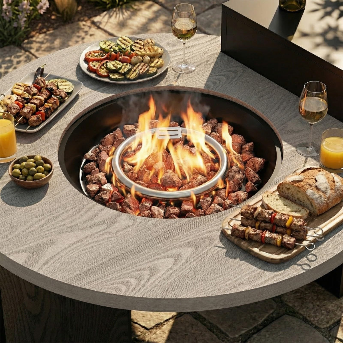 Round Outdoor Fire Table with Propane Tank Cabinet, Aluminum Alloy Fire Pit Table Grey & Black 42"W x 31.5"D