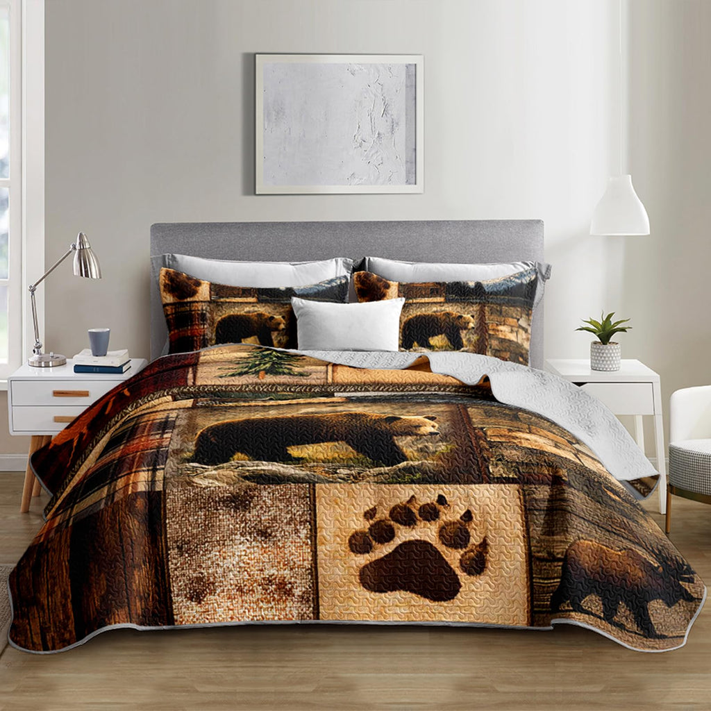 Rustic Brown Bear Quilts Bedding 3Pcs Wild Animal Deer Quilt Bed Set