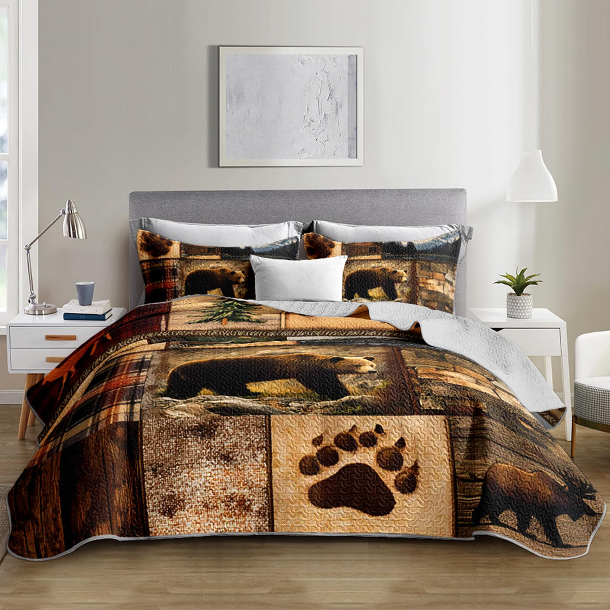 Rustic Brown Bear Quilts Bedding 3Pcs Wild Animal Deer Quilt Bed Set