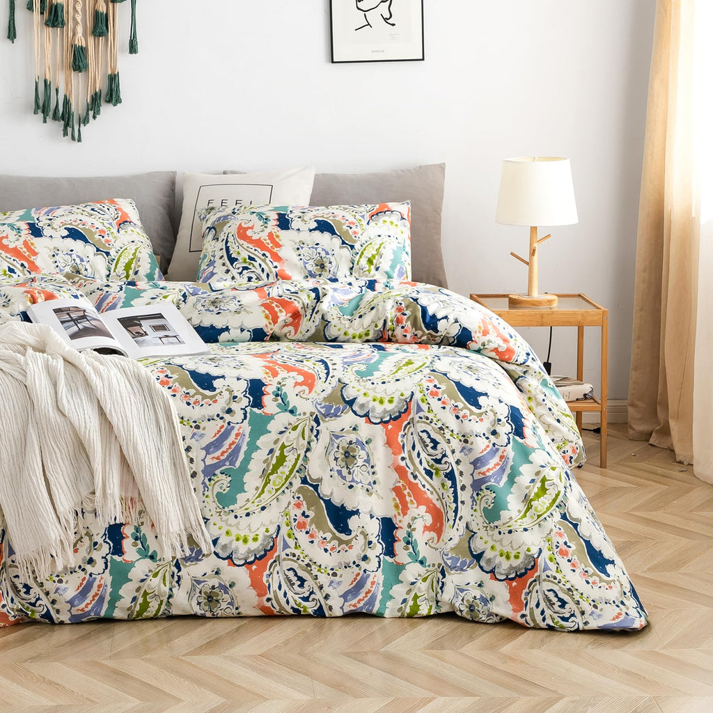 Colorful Paisley Floral Duvet Cover Queen 100% Cotton 3 Pcs Set