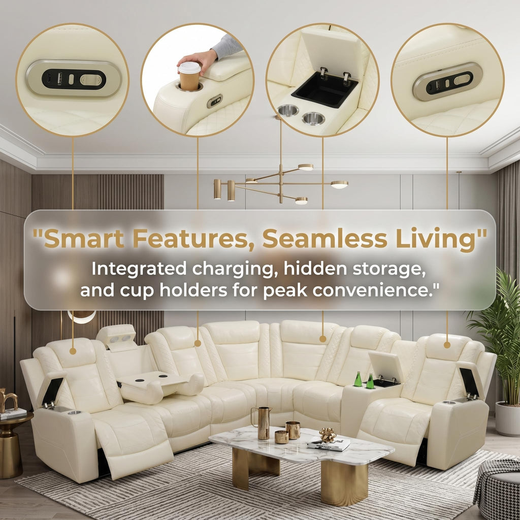 Power Reclining Sectional Sofa, Modern L-Shaped Air Leather Sectional Couch Set, Recliner Sofa Set, with LED Lights, Cup