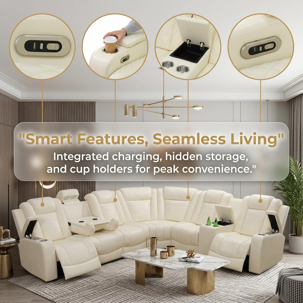 Power Reclining Sectional Sofa, Modern L-Shaped Air Leather Sectional Couch Set, Recliner Sofa Set, with LED Lights, Cup