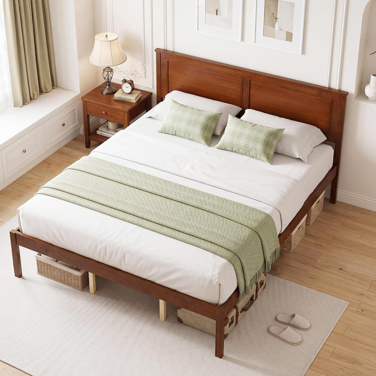 Mid-Century Modern Queen Wood Platform Bed Frame with Headboard and Under-Bed Storage, Walnut