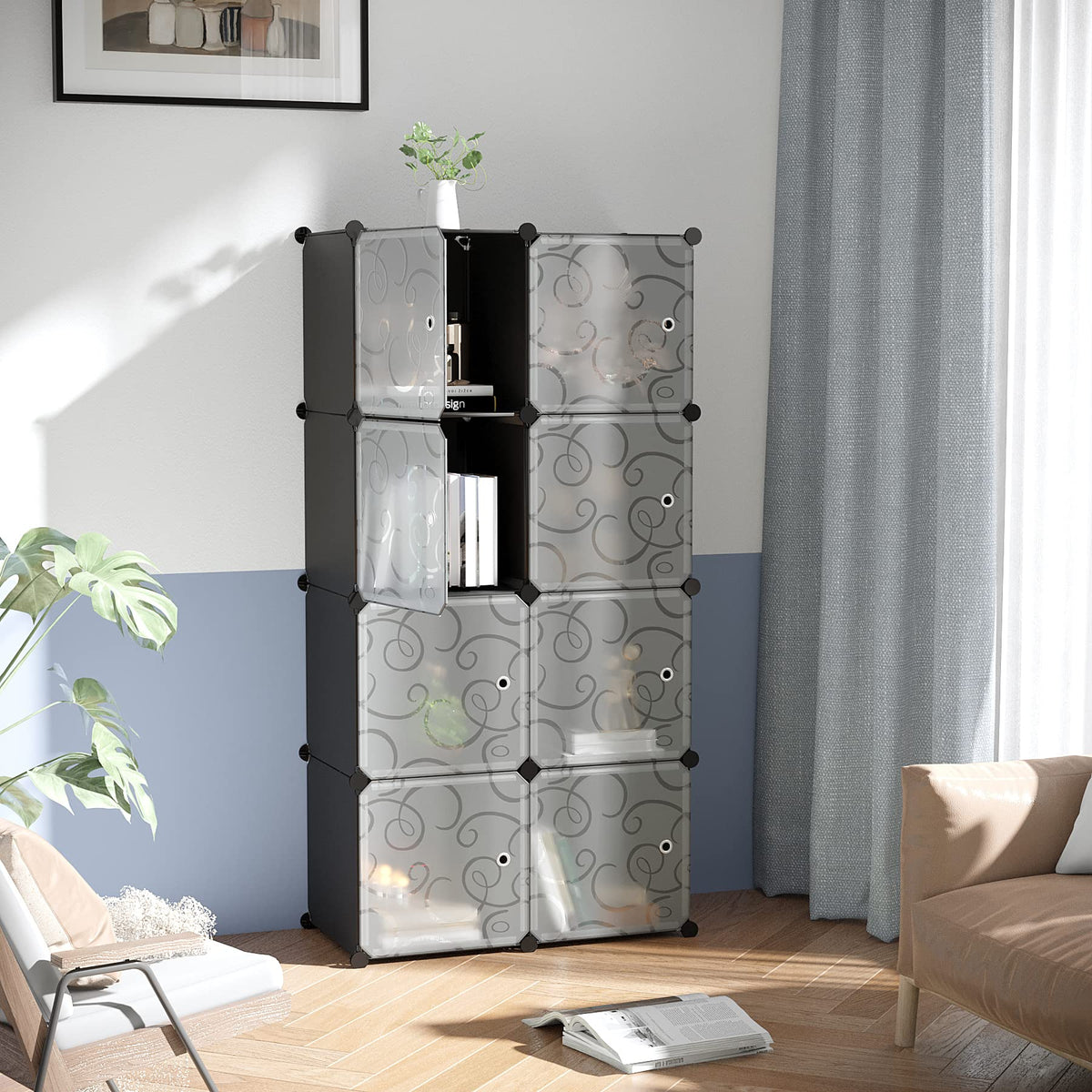 8-Cube Storage Organizer with Door Cube Shelf Closet Cabinet Black