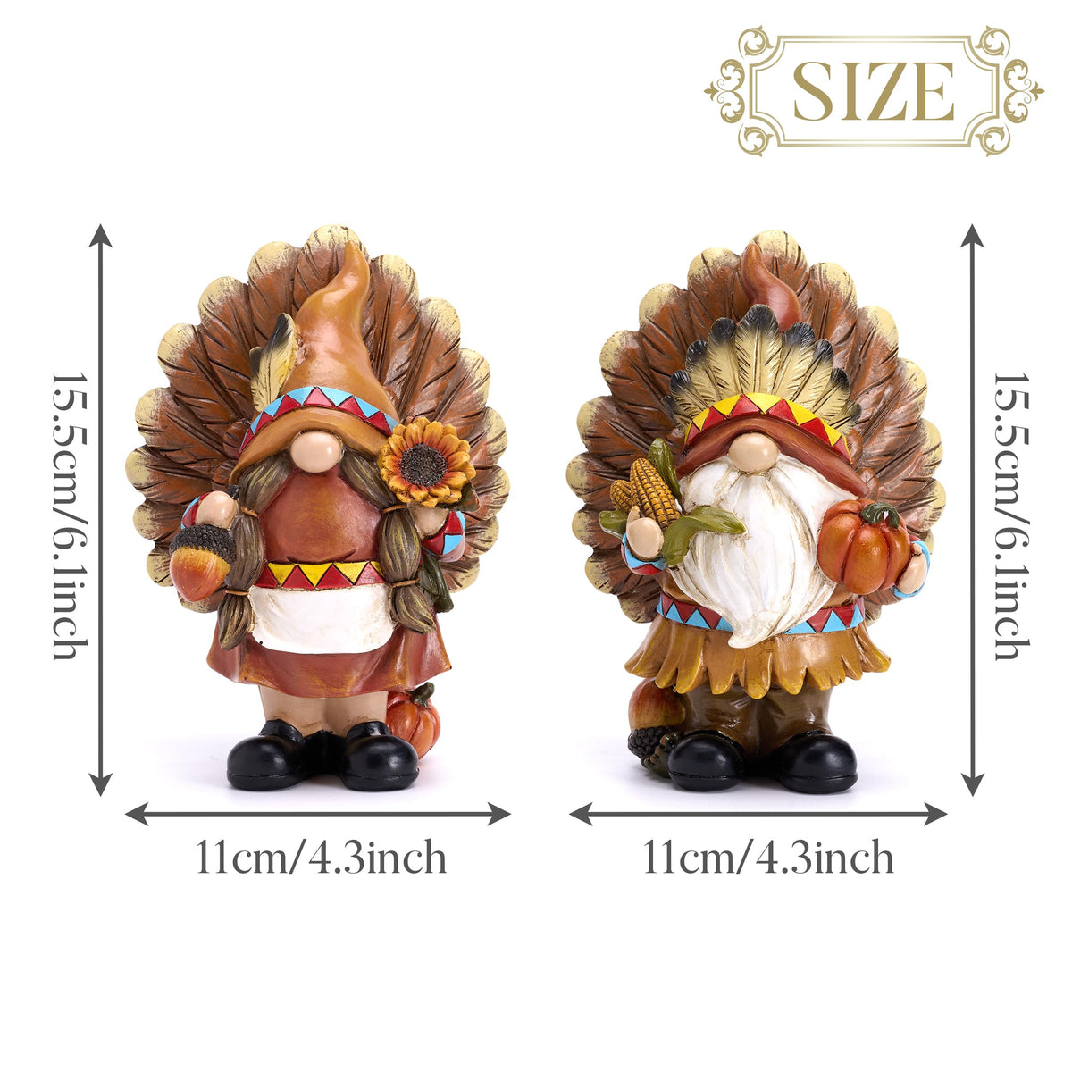 Fall Decorations, 2 Pcs Indian Fall Gnomes Thanksgiving Decor for Table Indoor, Resin Turkey Decorations Native