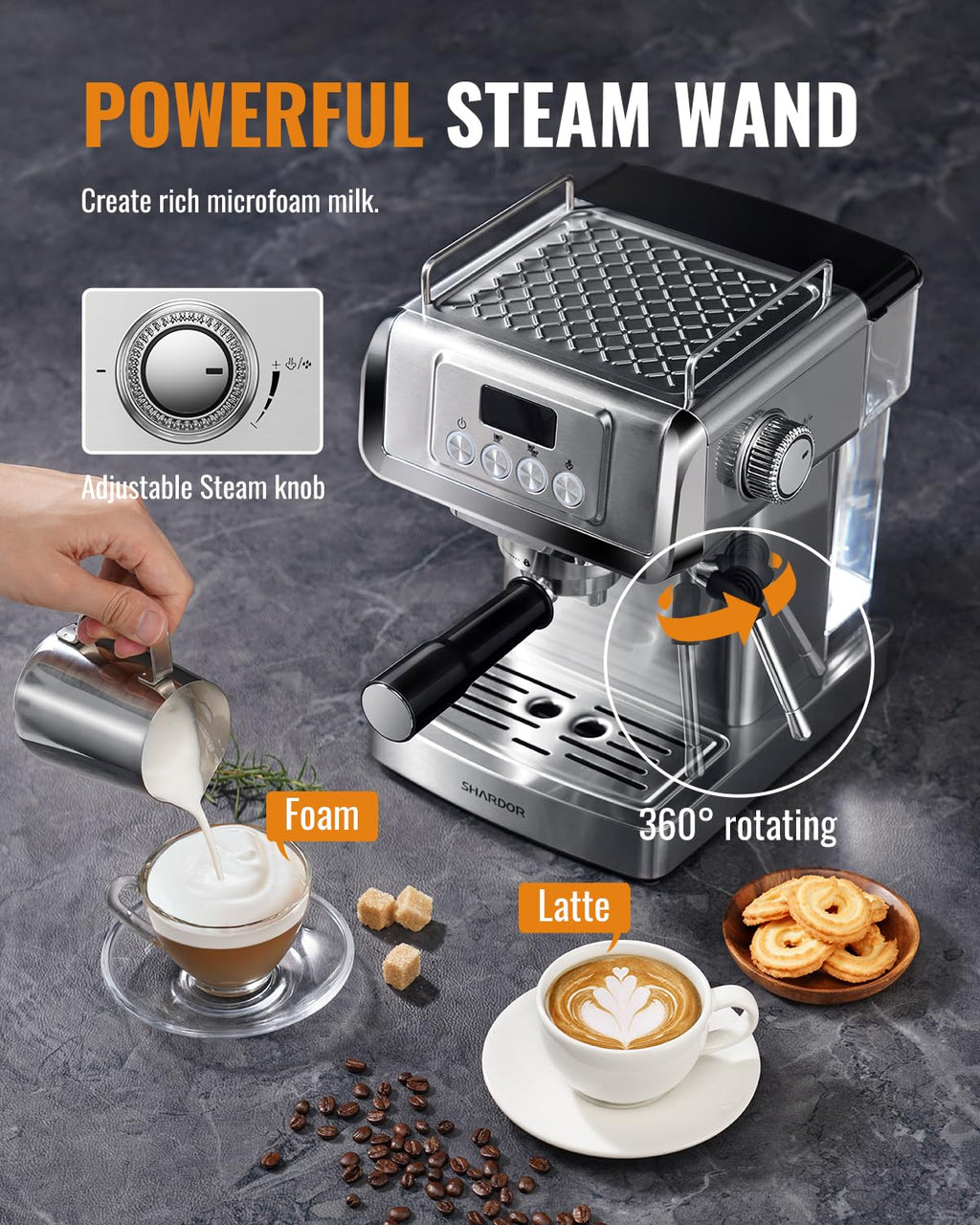 20 Bar Espresso Machine with LCD Display and Steam Wand