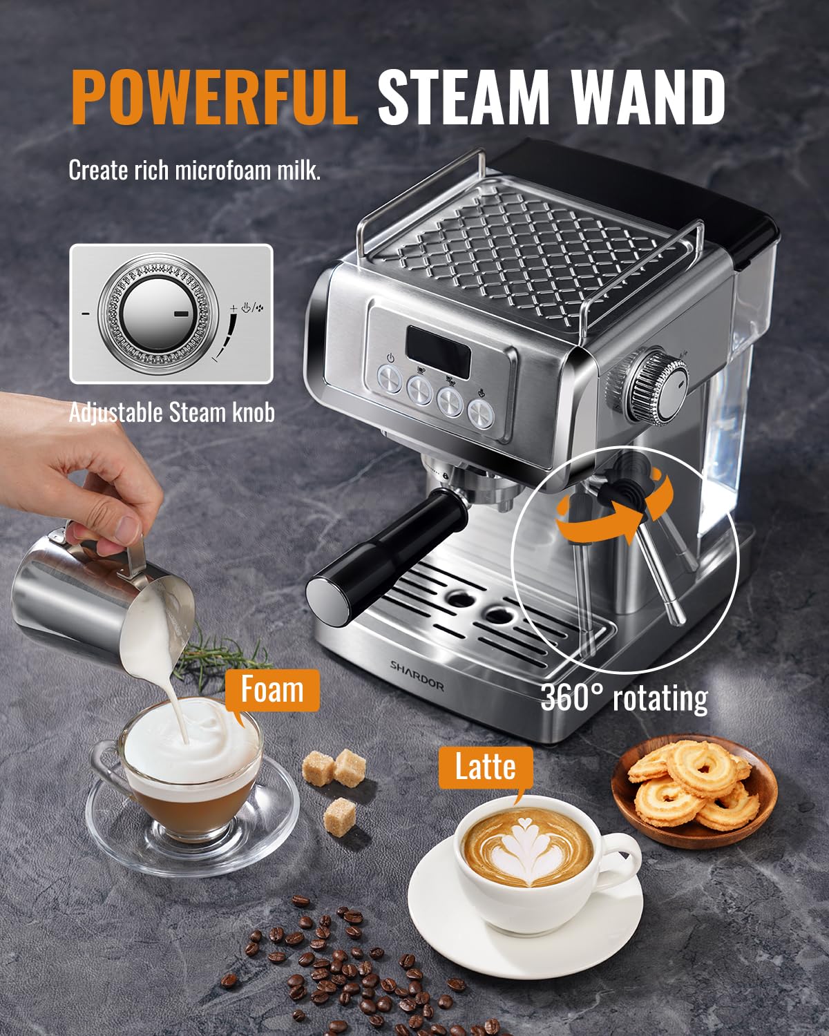 20 Bar Espresso Machine with LCD Display and Steam Wand