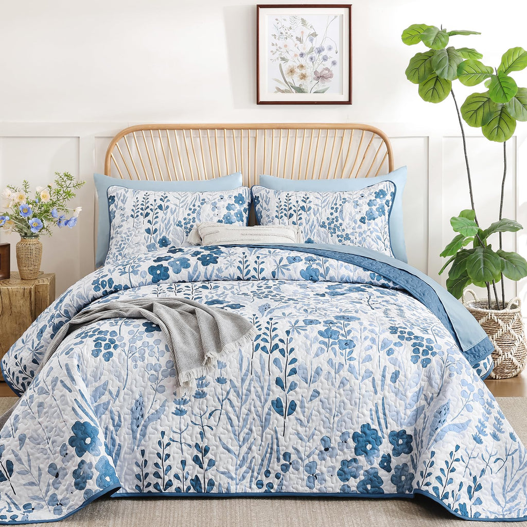 Floral Quilt Set, 3 Pcs Navy Blue Bedspread Bedding Set