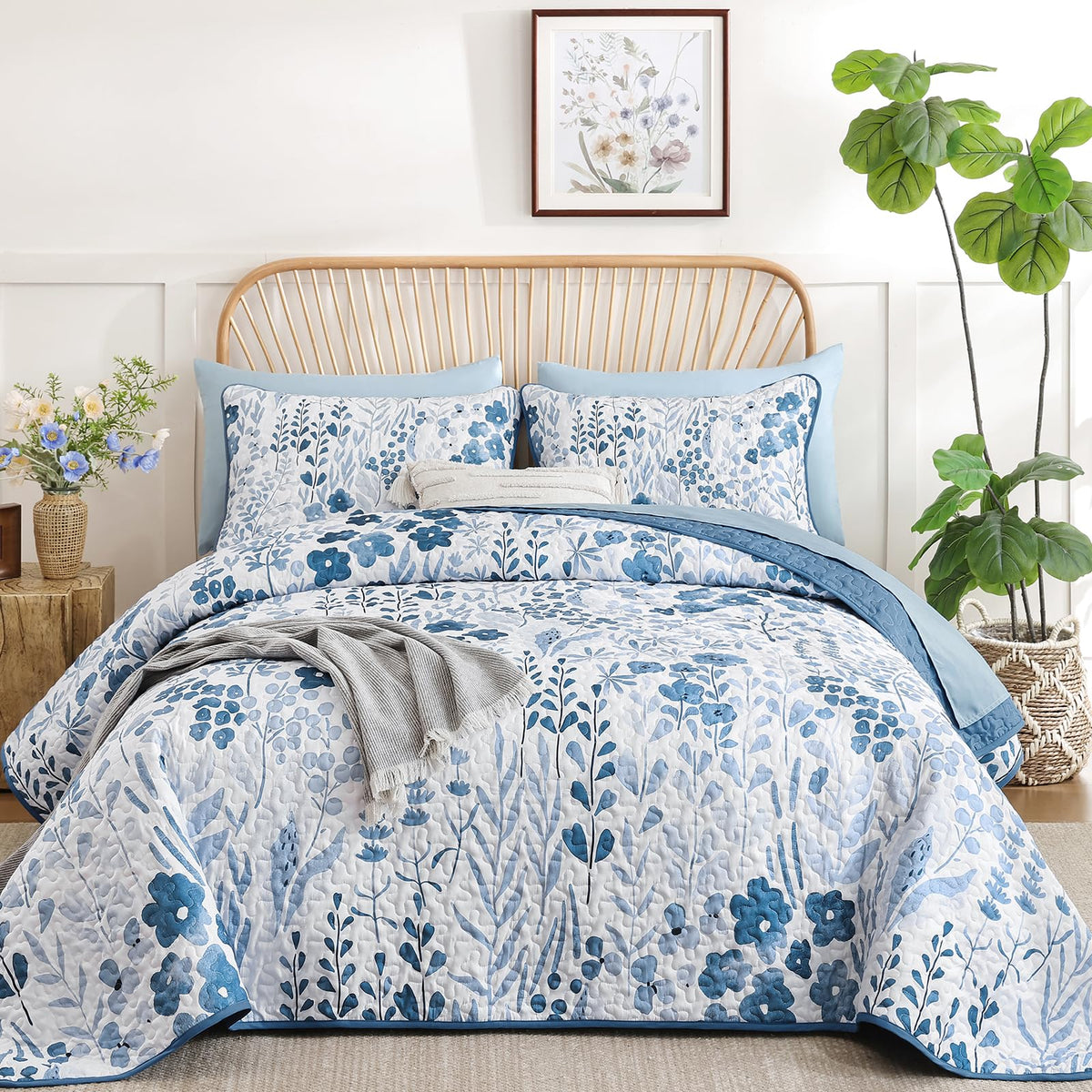 Floral Quilt Set, 3 Pcs Navy Blue Bedspread Bedding Set