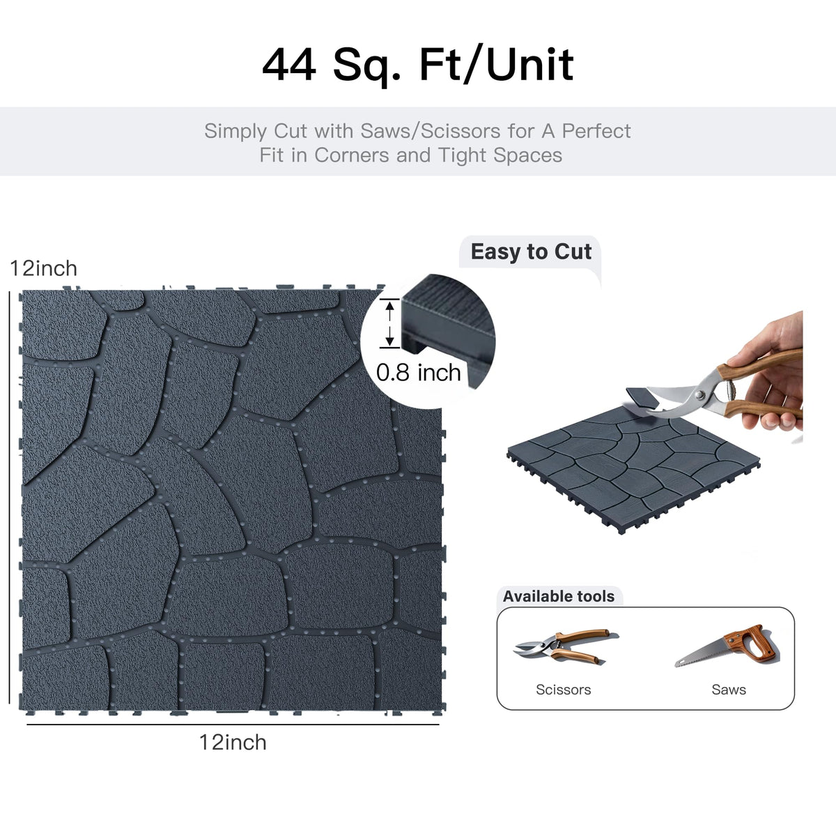 Interlocking Deck Tiles 44 Pack, Plastic Outdoor Deck Tiles, 12"x12" Waterproof Deck Flooring Tiles, Easy Snap