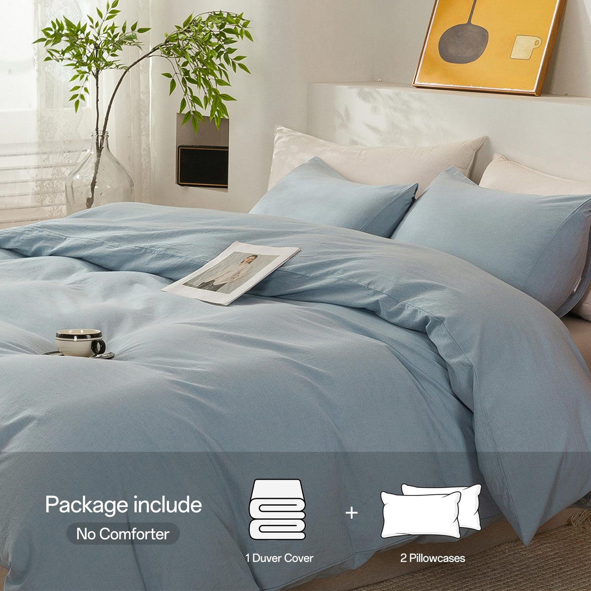 Cotton 3 Pcs Duvet Cover Set Linen Feel Haze Blue Queen