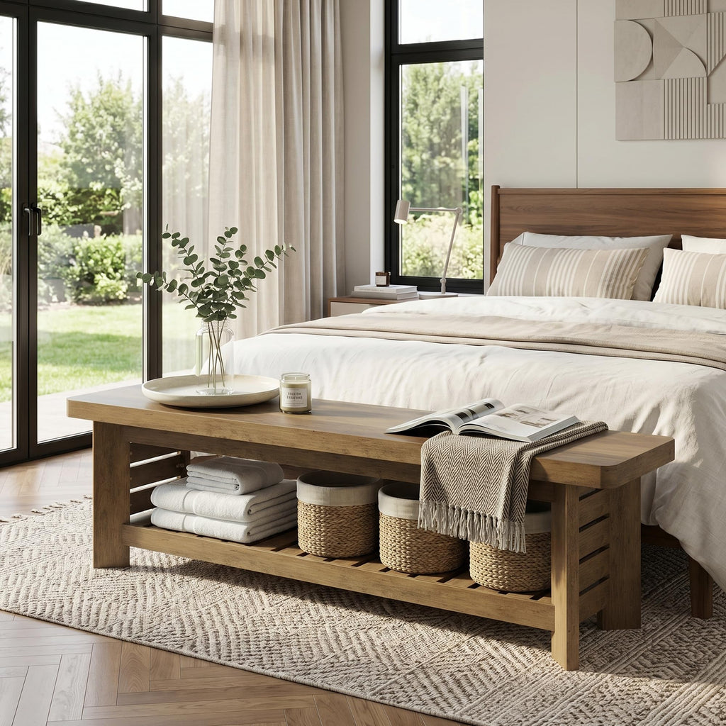 63" Entry Way Bench, Long Wood Entryway Benches Bedroom, Farmhouse Indoor Shoe Storage Bench Seat, Rustic Brown