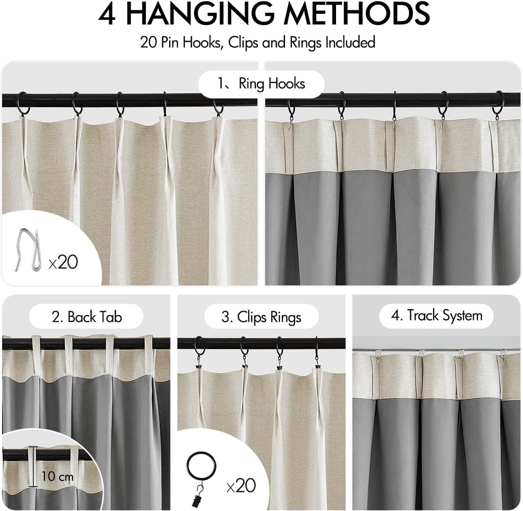 Linen Pinch Pleated 100% Blackout Curtains for Bedroom 2 Panels Set - Back Tab Track Cream Black Out