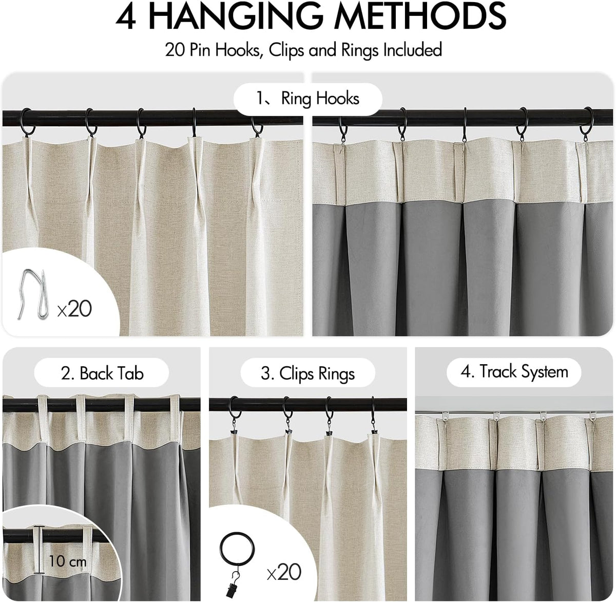 Linen Pinch Pleated 100% Blackout Curtains for Bedroom 2 Panels Set - Back Tab Track Cream Black Out