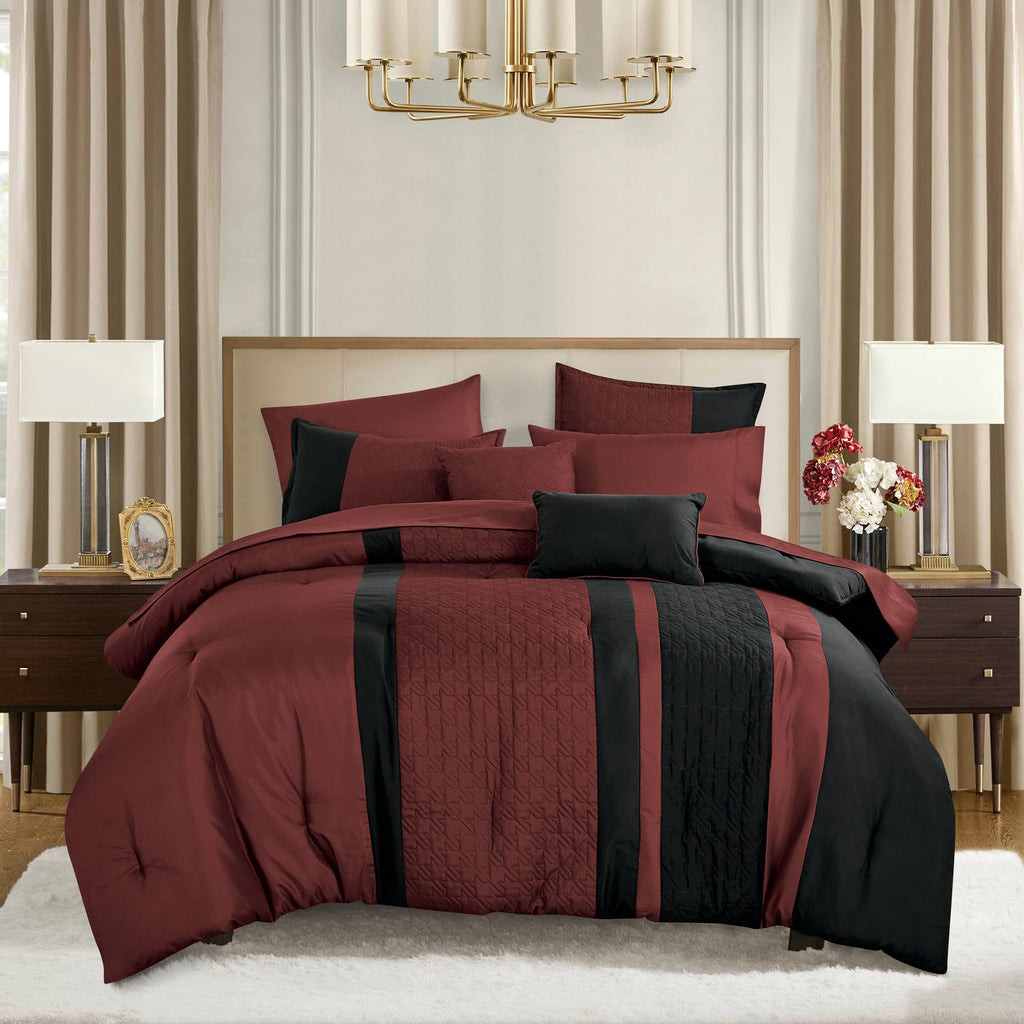 Burgundy and Black Comforter Set with Sheets King 9 Piece, Embroidered Luxury Bedding