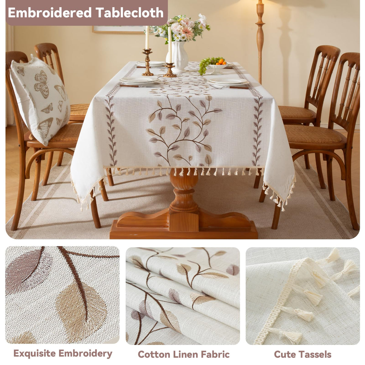Fall Coffee Leaf Embroidered Rectangle Tablecloth Tassels 55"×120"