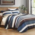 100% Cotton Quilt, Dark Blue and Brown Striped Quilt Set
