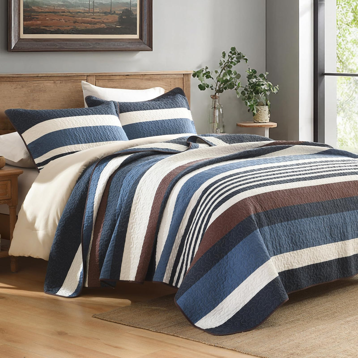 100% Cotton Quilt, Dark Blue and Brown Striped Quilt Set