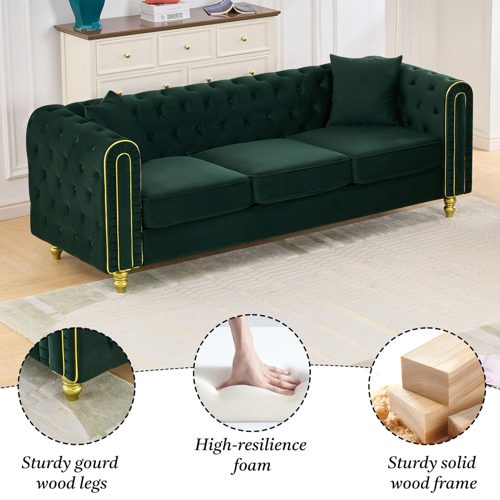 86" Chesterfield 3-Seater Velvet Sofa Couch, Button Tufted Rolled Arms with Gold Piping, Gold Metal Legs, Modern