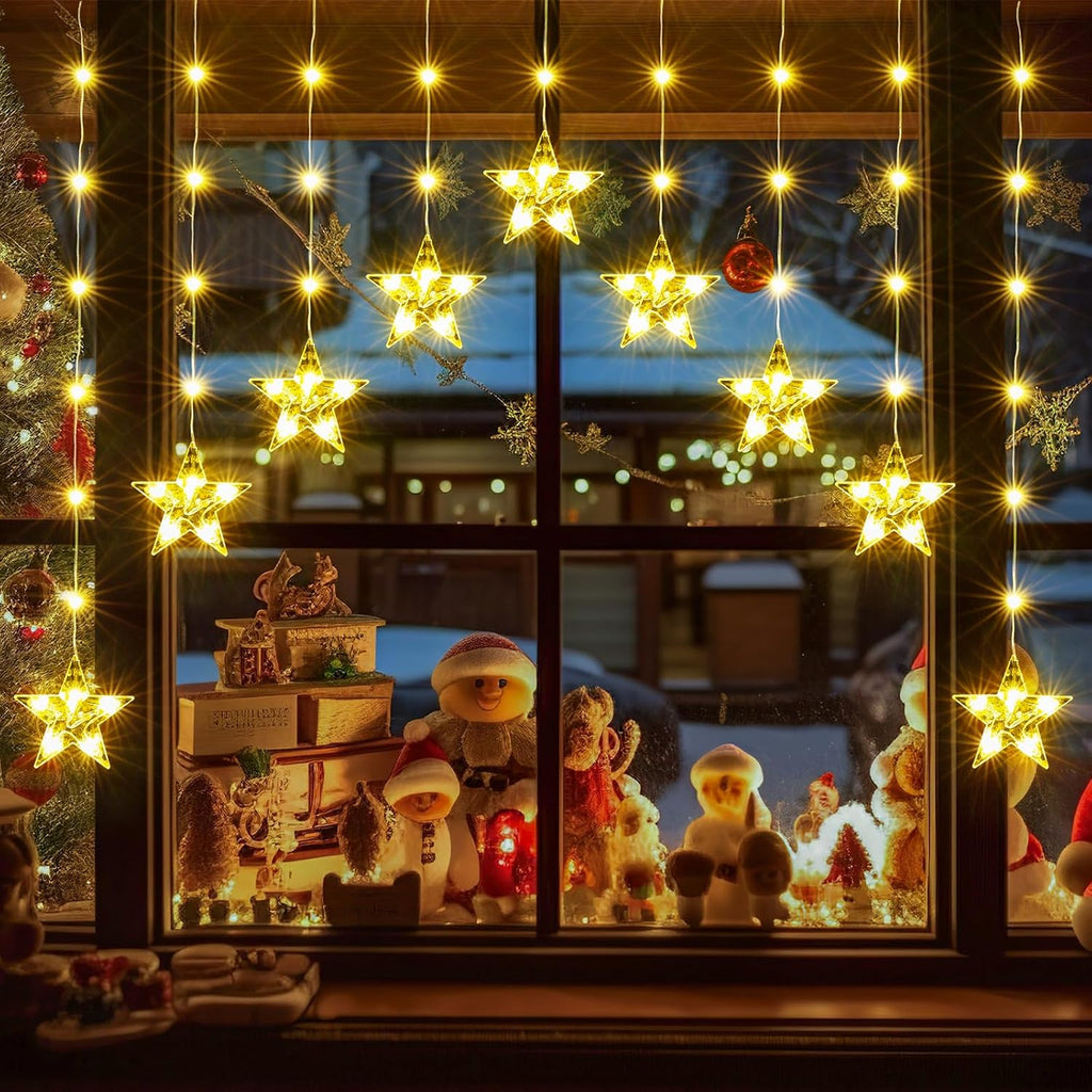 Christmas Window Lights, 76LED 9 Stars IP65 Battery Operated Star Curtain Lights 11 Modes with Timer, Xmas Decoration