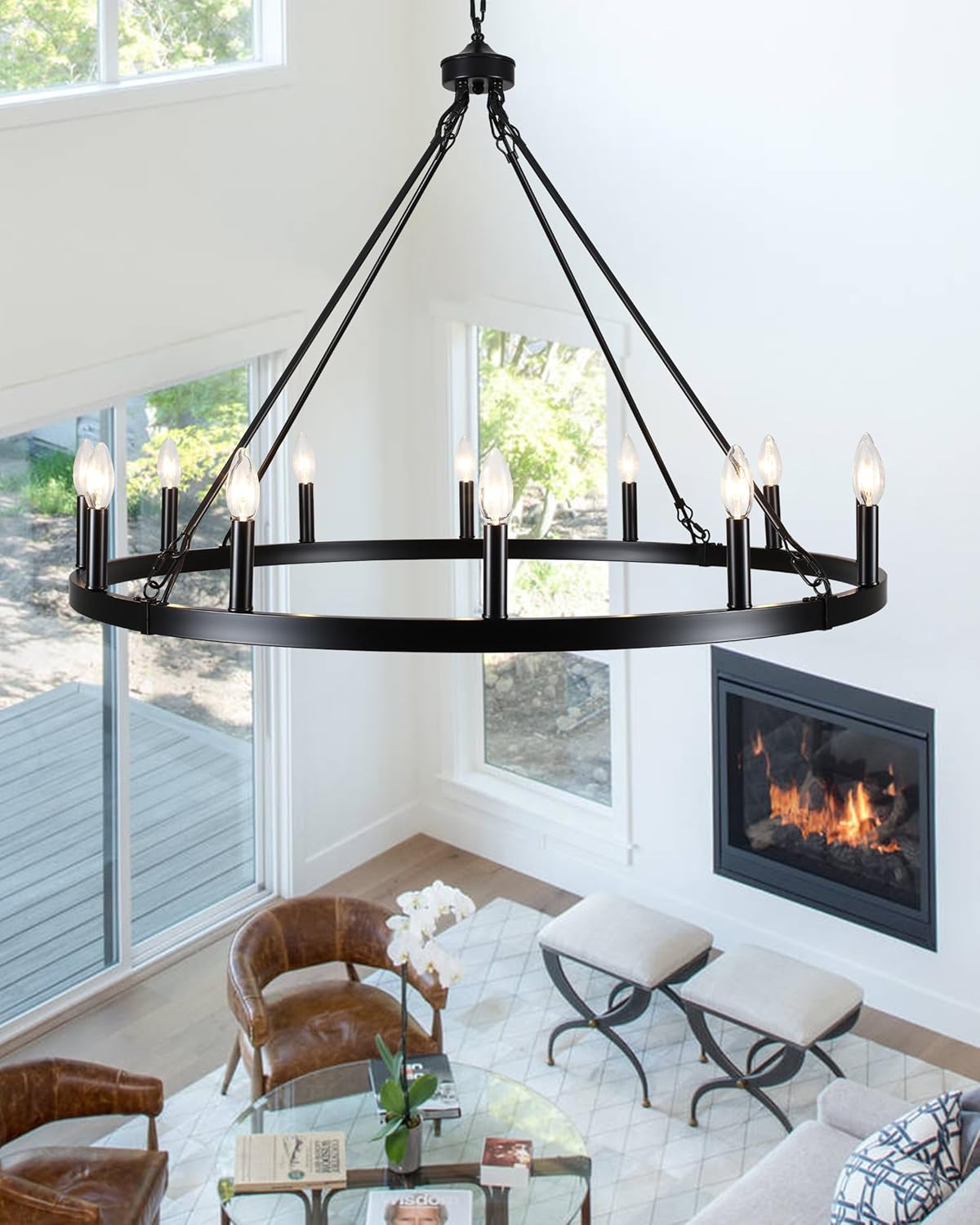 12-Light Black Farmhouse Wagon Wheel Chandelier